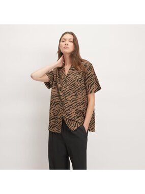 Everlane Poplin Camp Shirt Short Sleeve Oversized Tiger Brown Black Size S
